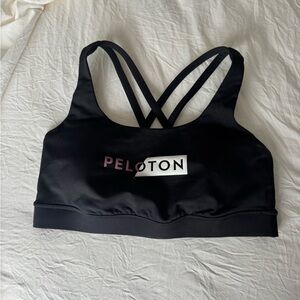 Peloton Lulu Black Strappy Sports Bra with Pink Logo Accent